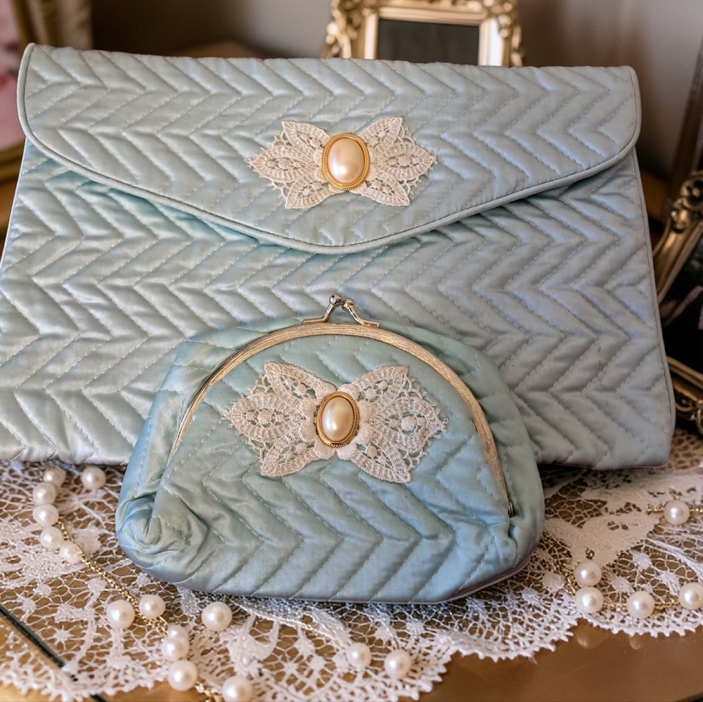 Victoria's Secret Vintage Quilted Light Blue Makeup Bag and Mirror pouch